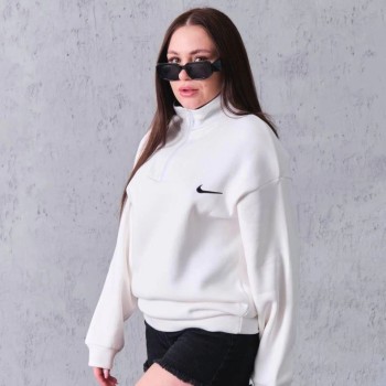 Kadın Yarım Fermuarlı Üç iplik Şardonlu Pamuklu Sweatshirt - Beyaz
