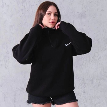 Kadın Yarım Fermuarlı Üç iplik Şardonlu Pamuklu Sweatshirt - Siyah