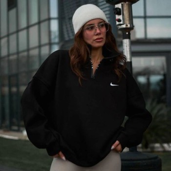 Kadın Yarım Fermuarlı Üç iplik Şardonlu Pamuklu Sweatshirt - Siyah