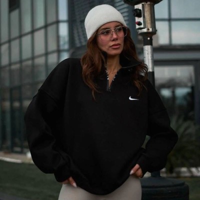 Kadın Yarım Fermuarlı Üç iplik Şardonlu Pamuklu Sweatshirt - Siyah