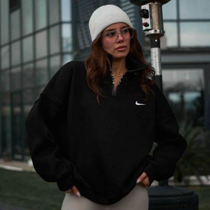 Kadın Yarım Fermuarlı Üç iplik Şardonlu Pamuklu Sweatshirt - Siyah