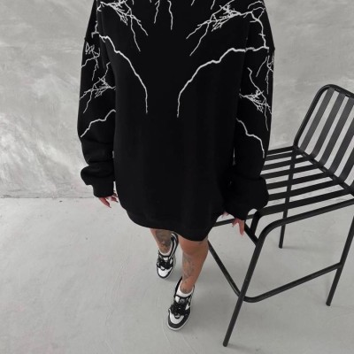Kadın Yıldırım Baskılı Bisiklet Yaka 3 iplik pamuklu SweatShirt - Siyah Kadın Yıldırım Baskılı Bisiklet Yaka 3 iplik pamuklu SweatShirt - Siyah