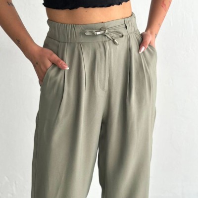 Kadın Yüksel Bel Beli Bağcıklı Cepli Rahat Paça Pantolon - Su Yeşili