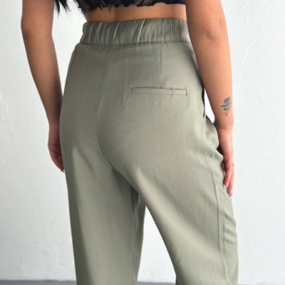 Kadın Yüksel Bel Beli Bağcıklı Cepli Rahat Paça Pantolon - Su Yeşili