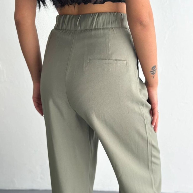 Kadın Yüksel Bel Beli Bağcıklı Cepli Rahat Paça Pantolon - Su Yeşili