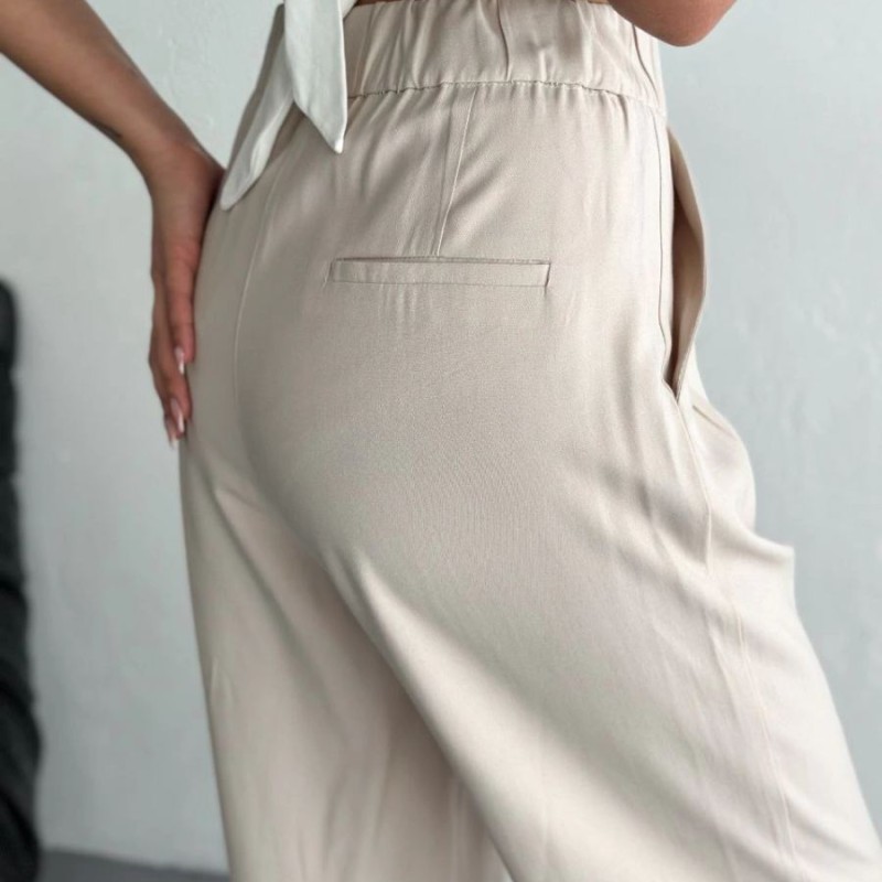 Kadın Yüksel Bel Beli Bağcıklı Rahat Boru Paça Pantolon - Kırık Beyaz