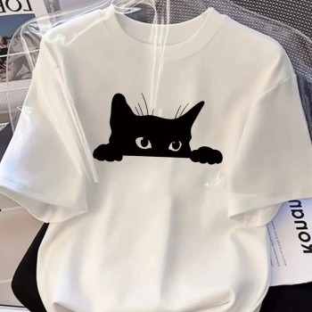Kadınlar için Siyah Kedi Grafik Tişört - Oversize Kısa Kollu Üst Nefes Alabilir - Beyaz