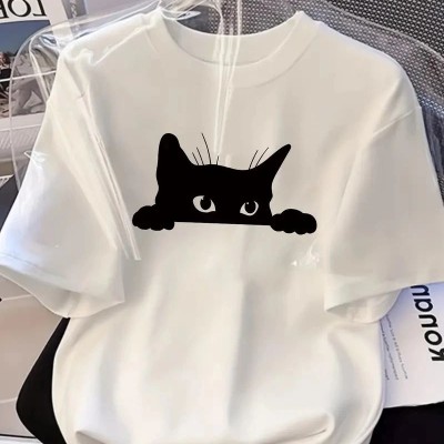 Kadınlar için Siyah Kedi Grafik Tişört - Oversize Kısa Kollu Üst Nefes Alabilir - Beyaz Kadınlar için Siyah Kedi Grafik Tişört - Oversize Kısa Kollu Üst Nefes Alabilir - Beyaz