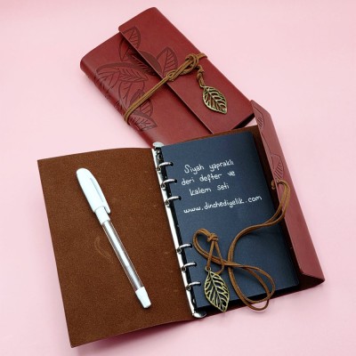 Kahverengi Deri Siyah Yapraklı Defter Ve Beyaz Jel Kalem Seti Kahverengi Deri Siyah Yapraklı Defter Ve Beyaz Jel Kalem Seti