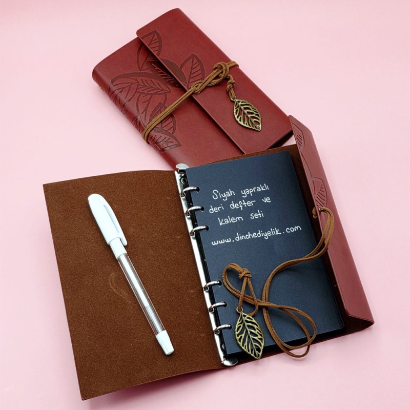 Kahverengi Deri Siyah Yapraklı Defter Ve Beyaz Jel Kalem Seti Kahverengi Deri Siyah Yapraklı Defter Ve Beyaz Jel Kalem Seti