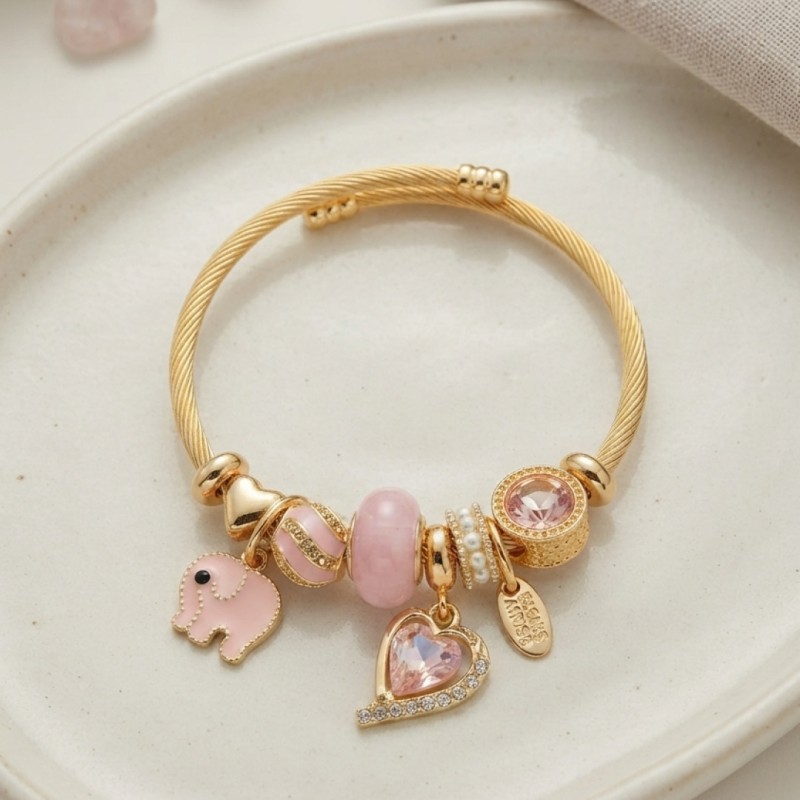 Kalp ve Fil Model Pembe Charmlı Bileklik