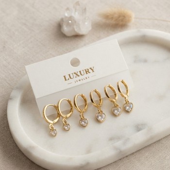 Kalp Zirkon Taşlı Gold Renk Pirinç Set Küpe Kalp Zirkon Taşlı Gold Renk Pirinç Set Küpe