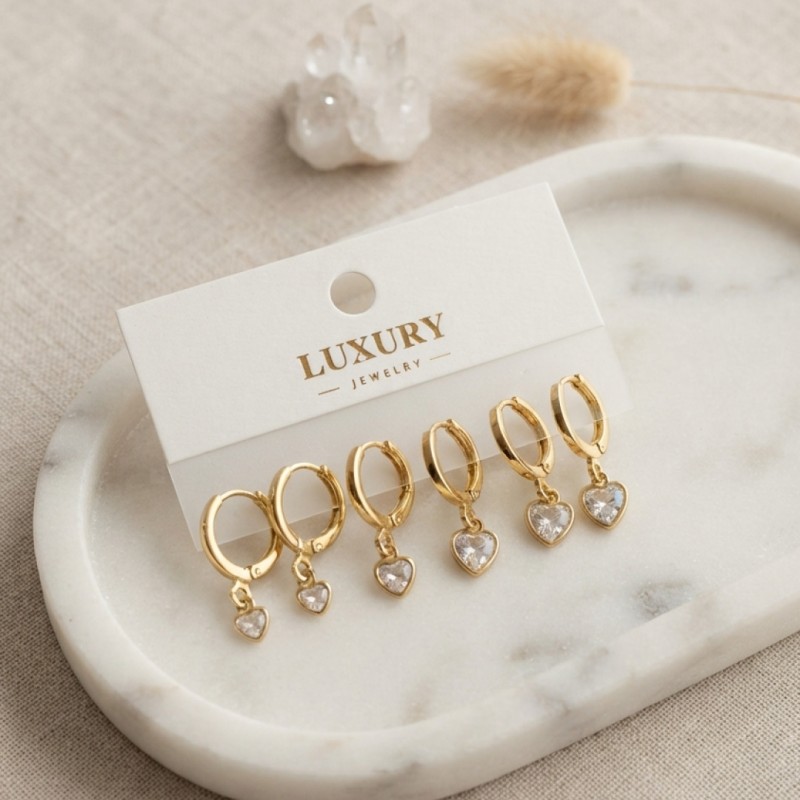 Kalp Zirkon Taşlı Gold Renk Pirinç Set Küpe