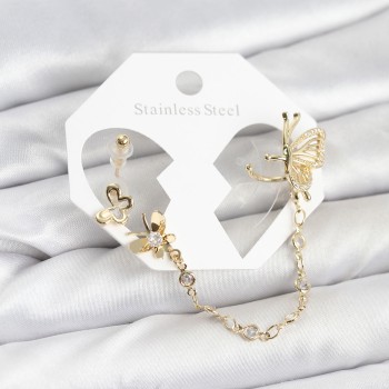 Kelebekli Model Pirinç Gold Renk Zincir Bağlantılı Ear Cuff Küpe Seti