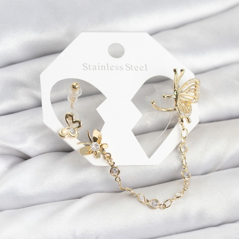 Kelebekli Model Pirinç Gold Renk Zincir Bağlantılı Ear Cuff Küpe Seti
