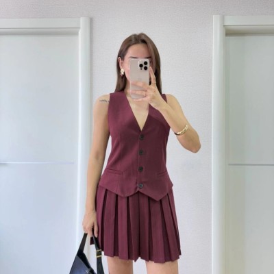Keten Takım Görünümlü Düğme Detaylı Yelekli Mini Elbise - Bordo