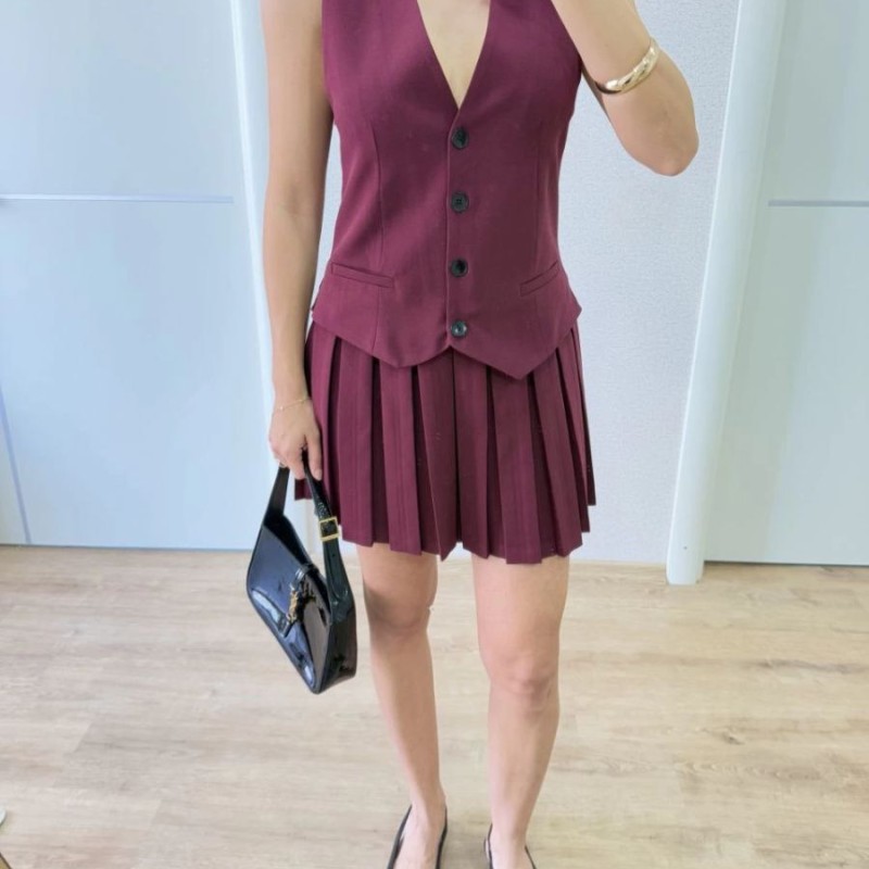 Keten Takım Görünümlü Düğme Detaylı Yelekli Mini Elbise - Bordo