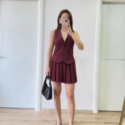 Keten Takım Görünümlü Düğme Detaylı Yelekli Mini Elbise - Bordo