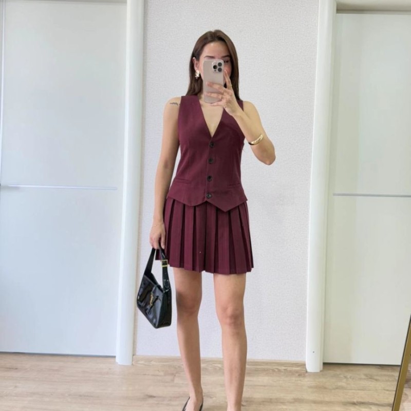 Keten Takım Görünümlü Düğme Detaylı Yelekli Mini Elbise - Bordo