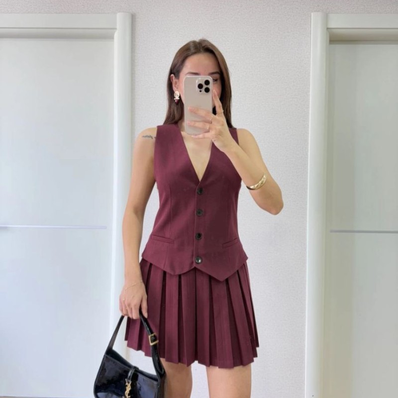 Keten Takım Görünümlü Düğme Detaylı Yelekli Mini Elbise - Bordo