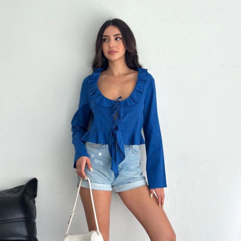 Keten Uzun Kol Bağacık Detaylı Bluz - Lacivert