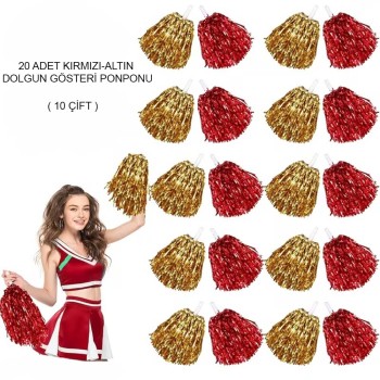 Kırmızı - Altın Metalik Dolgun Gösteri Ponponu 20 Adet (10 Çift) Kırmızı - Altın Metalik Dolgun Gösteri Ponponu 20 Adet (10 Çift)