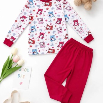 Kız Çocuk Premium Penye Ayıcık Desenli Uzun Kollu Pijama Takımı 2-11 Yaş - Kırmızı