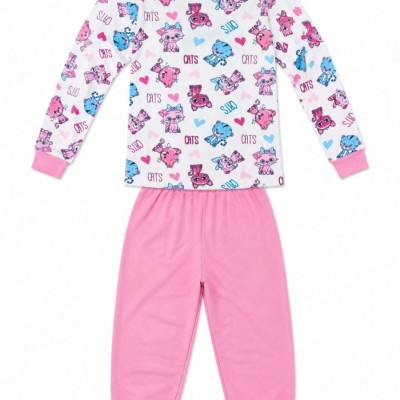 Kız Çocuk Premium Penye Kedi Desenli Uzun Kollu Pijama Takımı 2-11 Yaş - Pembe