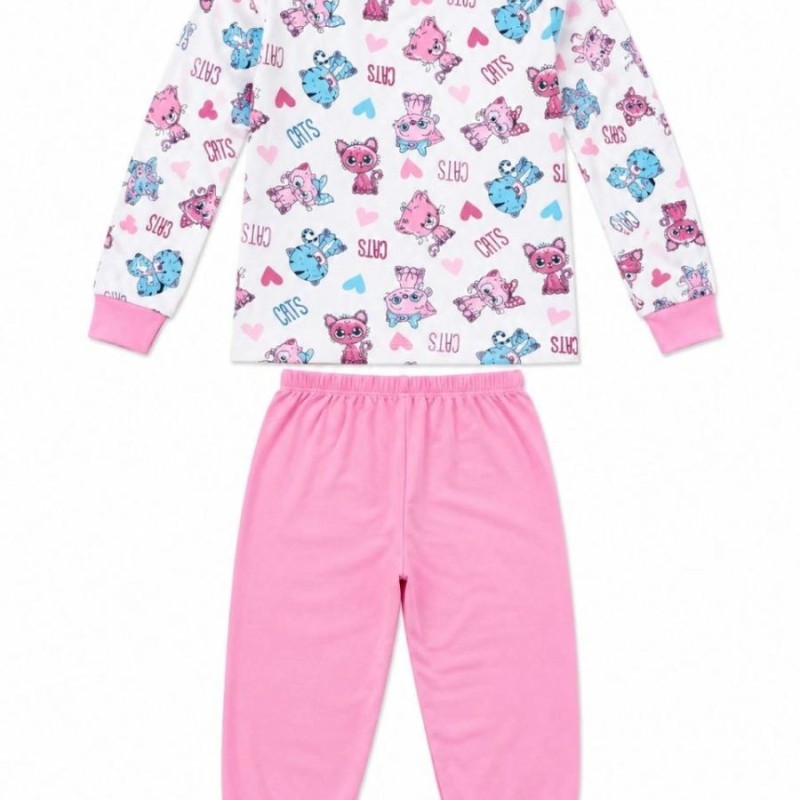 Kız Çocuk Premium Penye Kedi Desenli Uzun Kollu Pijama Takımı 2-11 Yaş - Pembe