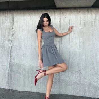 Kolsuz Mini Elbise- Gri