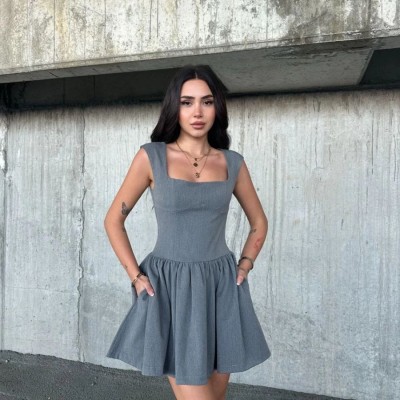 Kolsuz Mini Elbise- Gri Kolsuz Mini Elbise- Gri