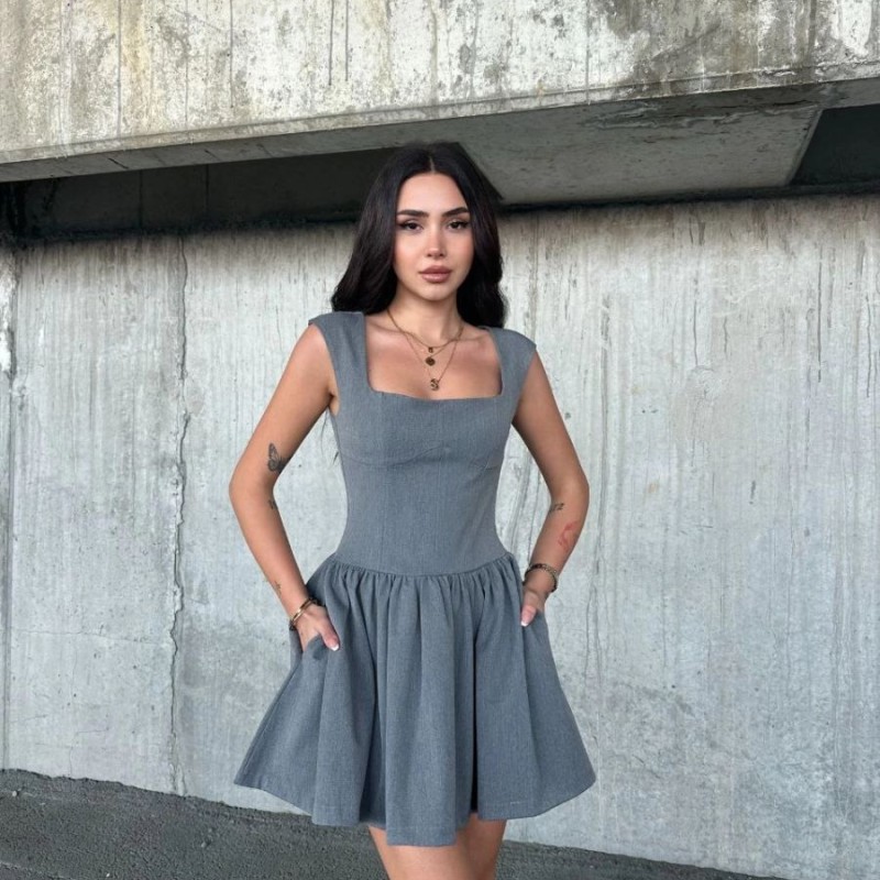 Kolsuz Mini Elbise- Gri Kolsuz Mini Elbise- Gri