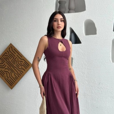 Kolsuz Uzun Kabardin Elbise - Bordo Kolsuz Uzun Kabardin Elbise - Bordo