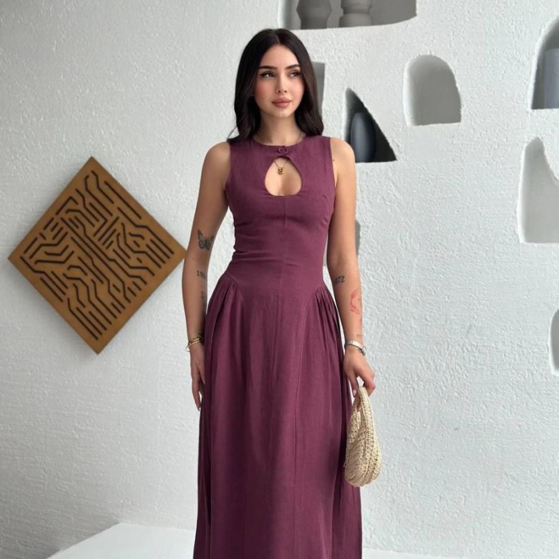 Kolsuz Uzun Kabardin Elbise - Bordo Kolsuz Uzun Kabardin Elbise - Bordo