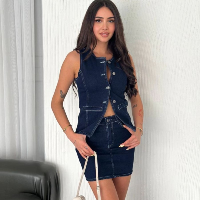 Kot Jeans Etekli ikili Takım - Lacivert