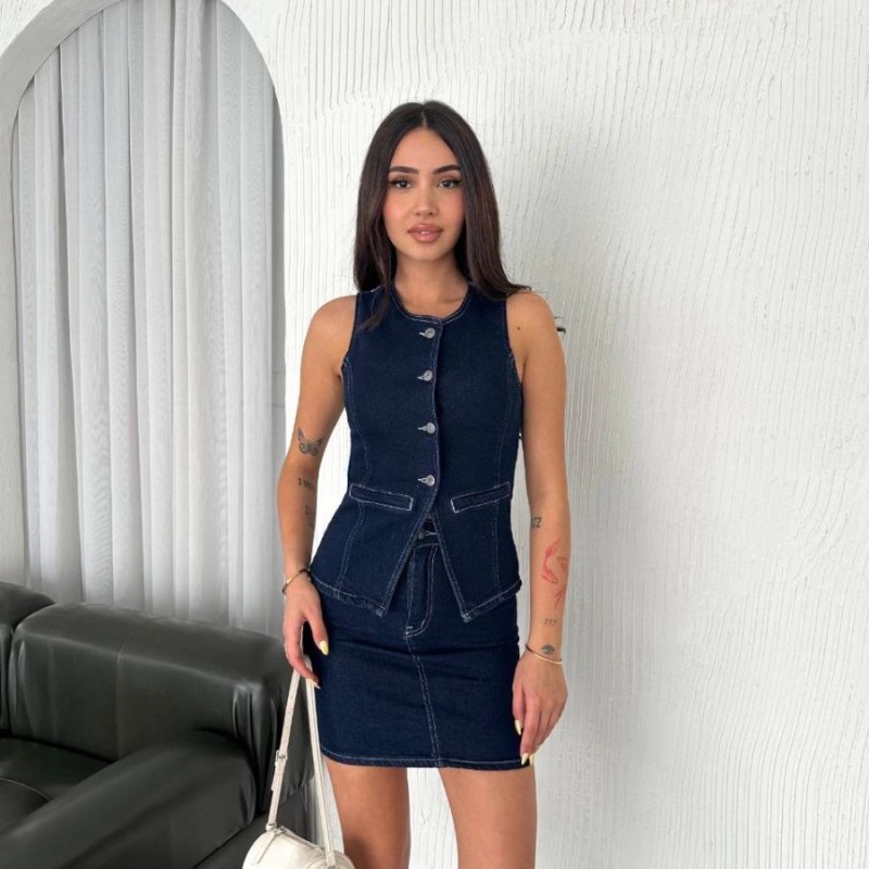 Kot Jeans Etekli ikili Takım - Lacivert