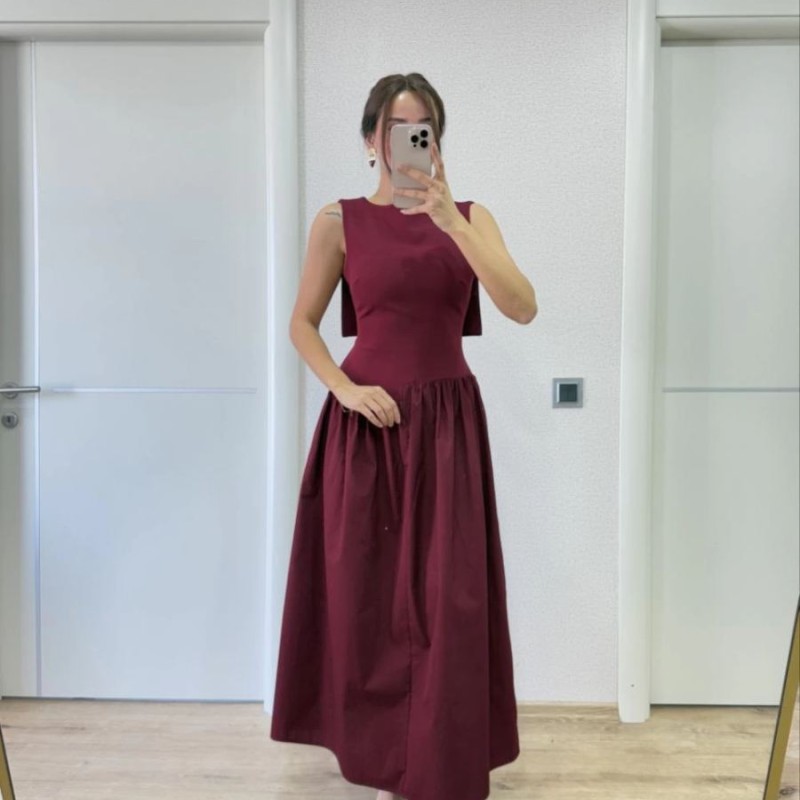 Krep Arkası Kanat Arka Ön Pens Detaylı Uzun Kadın Elbise - Bordo Krep Arkası Kanat Arka Ön Pens Detaylı Uzun Kadın Elbise - Bordo