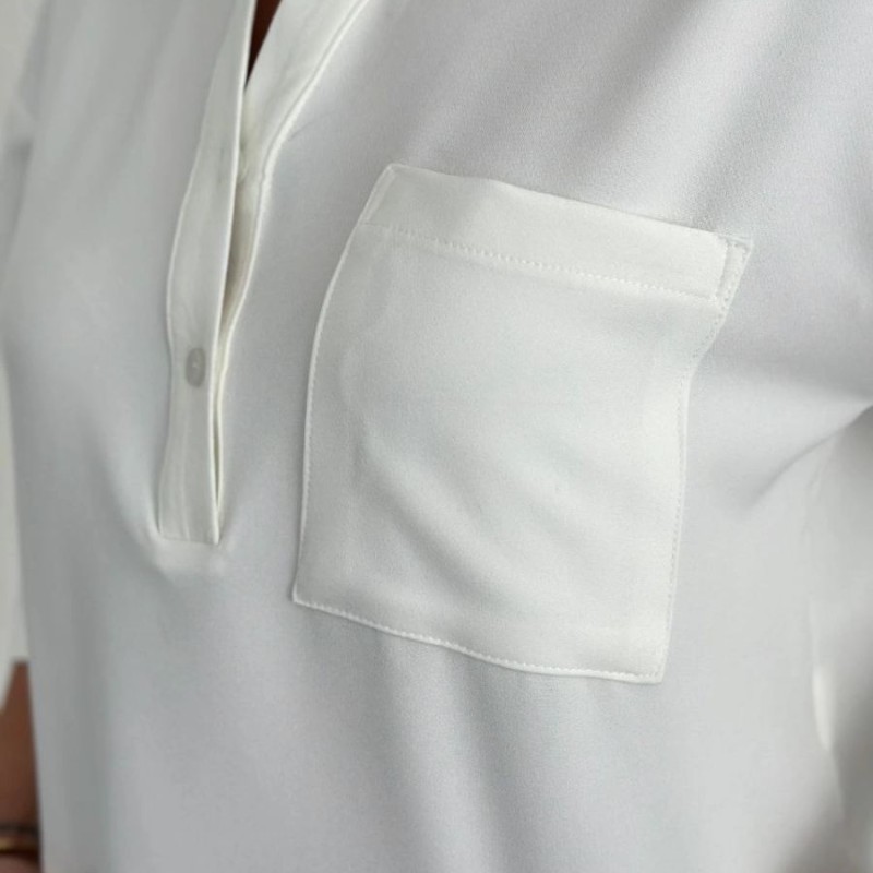 Krep Kadın Crop Yakalı Gömlek İlik Düğmeli Üç Çeyrek Sleeve Kol - Beyaz Krep Kadın Crop Yakalı Gömlek İlik Düğmeli Üç Çeyrek Sleeve Kol - Beyaz