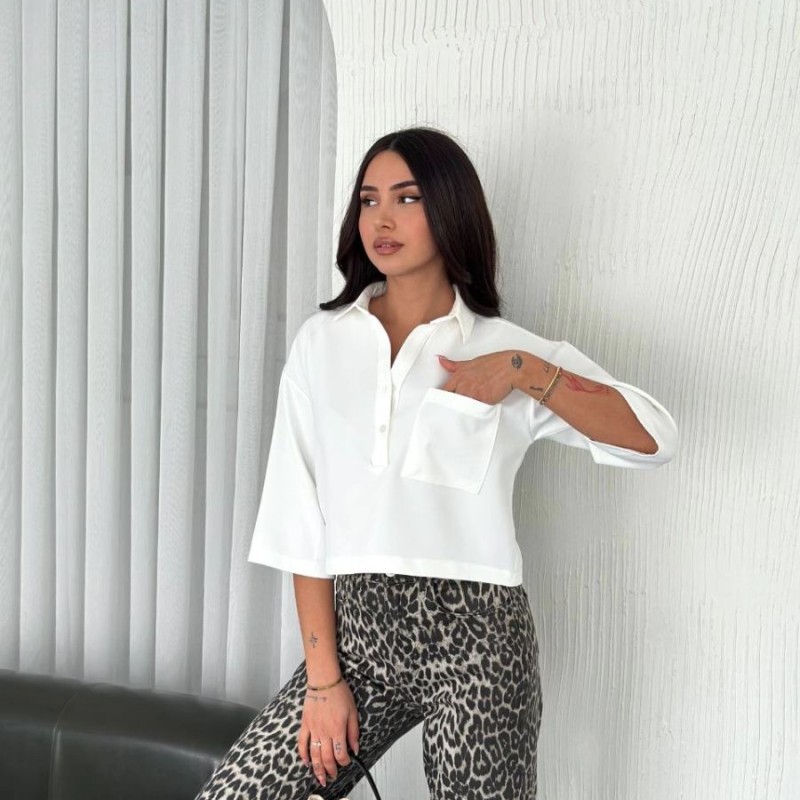 Krep Kadın Crop Yakalı Gömlek İlik Düğmeli Üç Çeyrek Sleeve Kol - Beyaz Krep Kadın Crop Yakalı Gömlek İlik Düğmeli Üç Çeyrek Sleeve Kol - Beyaz