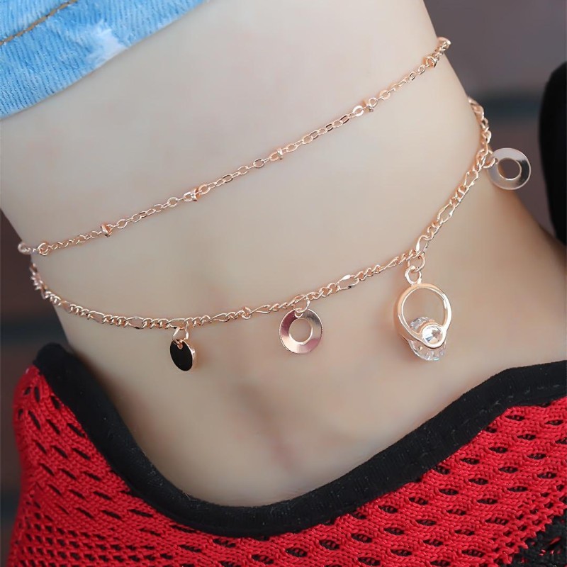 Kristal Taşlı Halkalı Rose Renk Çift Zincirli Hal Hal