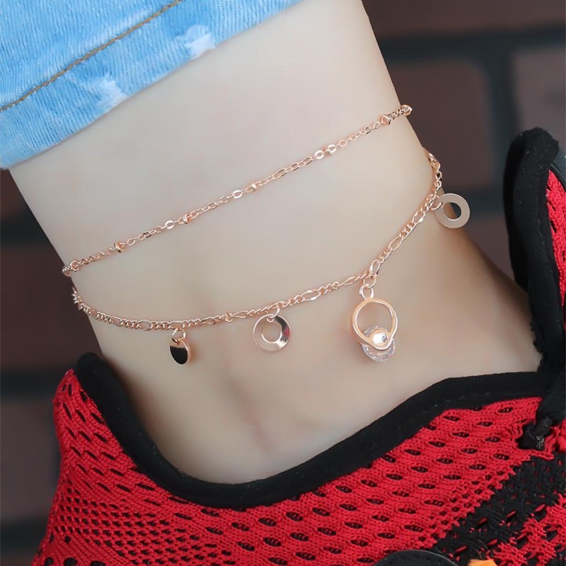 Kristal Taşlı Halkalı Rose Renk Çift Zincirli Hal Hal