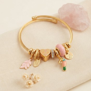 Kuş Figürlü Pembe Charmlı Gold Renk Bileklik