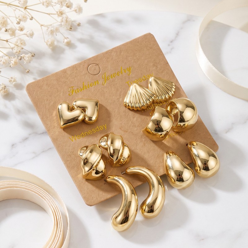 Metalik Kaplama Gold Renk CCB 6 Çift Kadın Küpe Seti