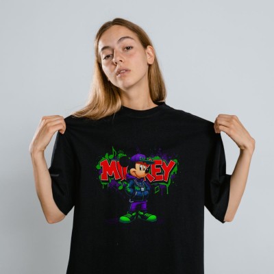 Mickey Mouse Graffiti Baskılı Unisex Siyah Oversize Tişört - 24/1 Penye Mickey Mouse Graffiti Baskılı Unisex Siyah Oversize Tişört - 24/1 Penye