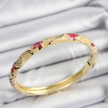 Mineli Pirinç Pembe Ve Krem Çiçek Motifli Gold Renk Kadın Kelepçe Mineli Pirinç Pembe Ve Krem Çiçek Motifli Gold Renk Kadın Kelepçe