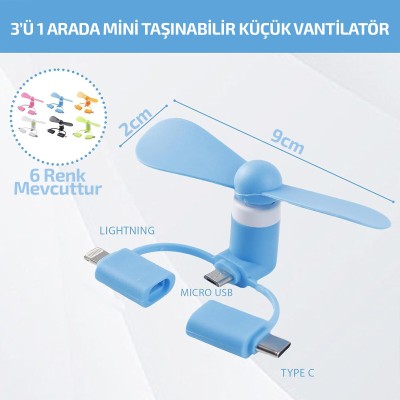 Mini Telefon Fanı - Lightning - Type-C - Micro USB Girişli - Sessiz 