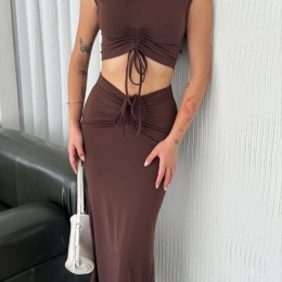 Osy Modal Yumuşak Dokulu Kumaş Büzgülü Crop Etek Takım -Kahverengi