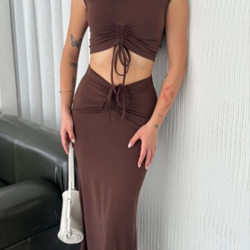 Osy Modal Yumuşak Dokulu Kumaş Büzgülü Crop Etek Takım -Kahverengi