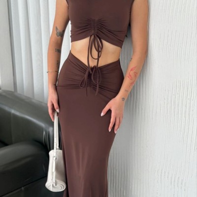 Osy Modal Yumuşak Dokulu Kumaş Büzgülü Crop Etek Takım -Kahverengi Osy Modal Yumuşak Dokulu Kumaş Büzgülü Crop Etek Takım -Kahverengi