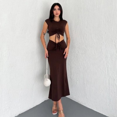 Osy Modal Yumuşak Dokulu Kumaş Büzgülü Crop Etek Takım -Kahverengi Osy Modal Yumuşak Dokulu Kumaş Büzgülü Crop Etek Takım -Kahverengi